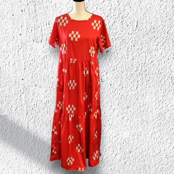 MISSLOOK Cottage Dopamine Geometric Print Tiered Maxi Dress in Burnt Orange 2XL - Picture 2 of 10